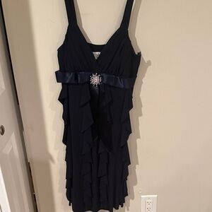 Betsy & Adam Black Ruffled Mini Dress with Embellished Bow